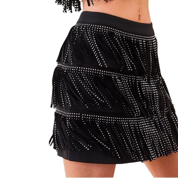 Main Strip Stud Fringe Black Mini Skirt LS40298 - Picture 6 of 11